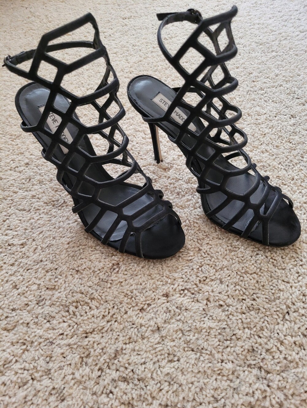Steve Madden Black Cage Strappy Stiletto Sandals 8 1/2 October Look